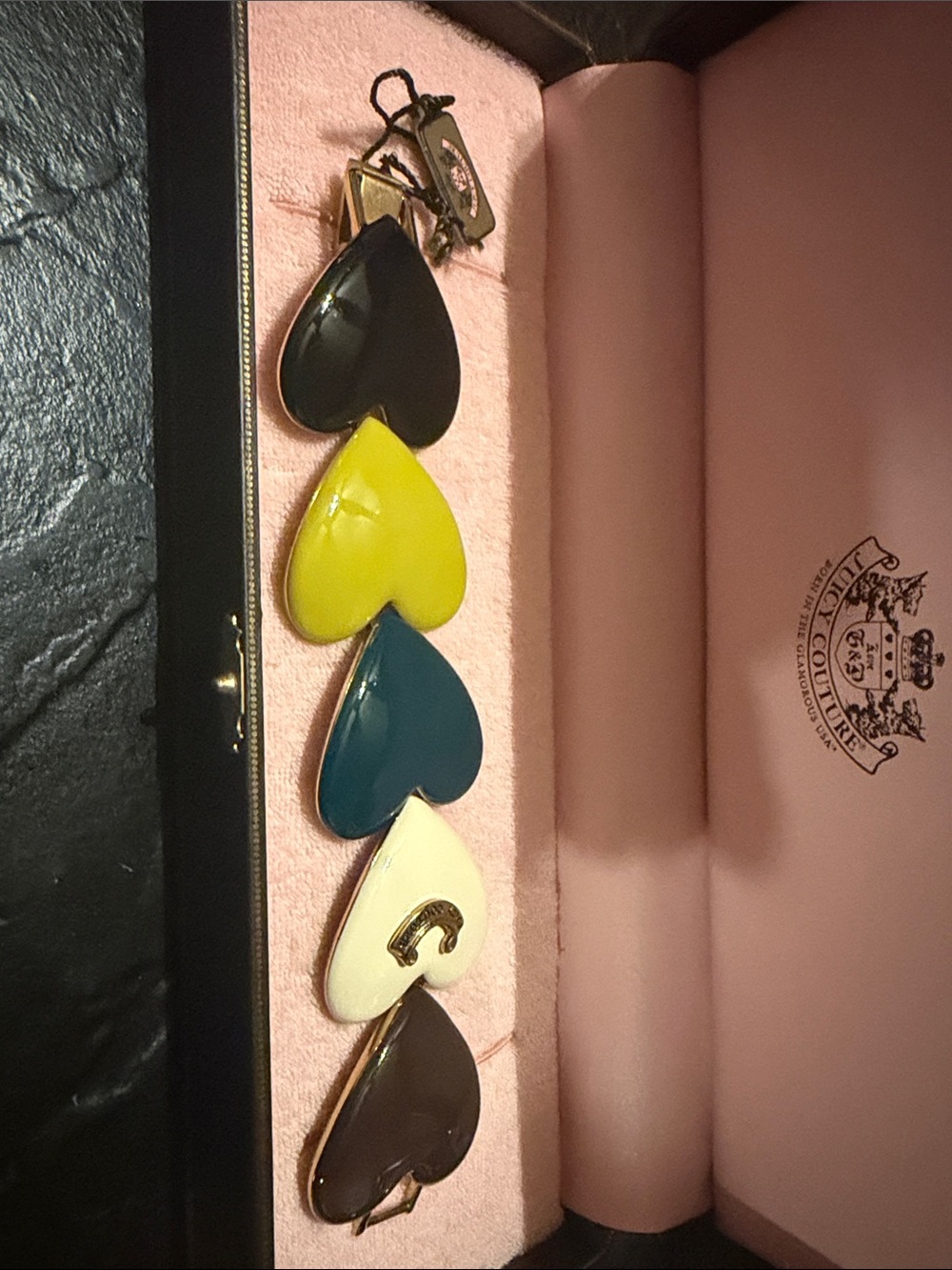 Juicy Couture Multi-Heart Bag Charm in Black, Yellow, Teal, Cream, Brown-